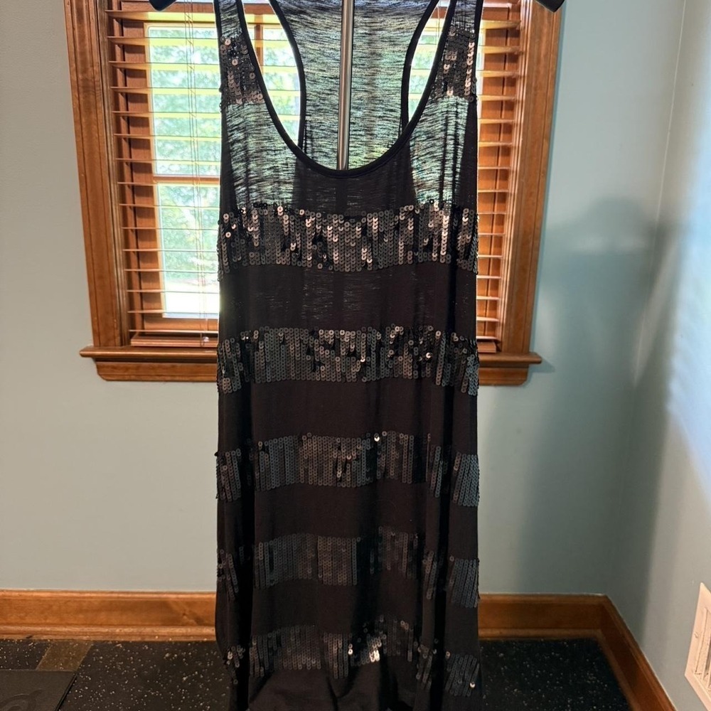 Michael Stars Black Sequin Striped Racerback Tank Dress One Size Fits Most